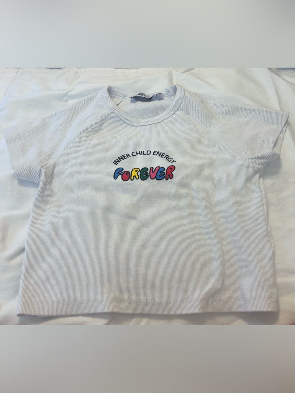 Mayfair Group Inner Child Energy Forever White Ribbed Graphic Baby Tee Top S/M